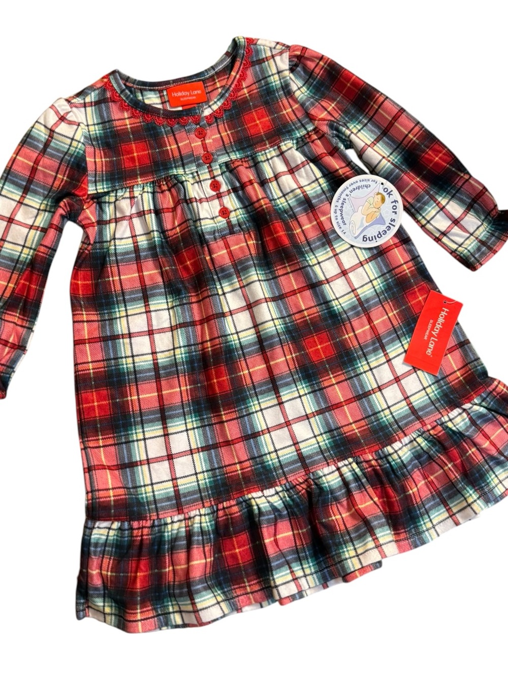 Holiday Lane Girls Red Plaid Christmas Sleep Dress Nightgown 2T/3T